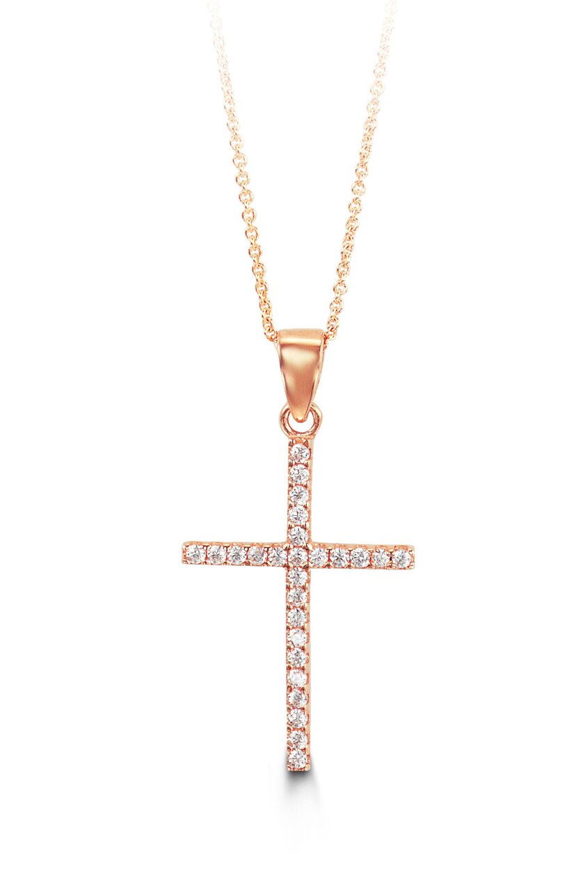 10K Rose Gold Classic CZ Cross Pendant with Chain