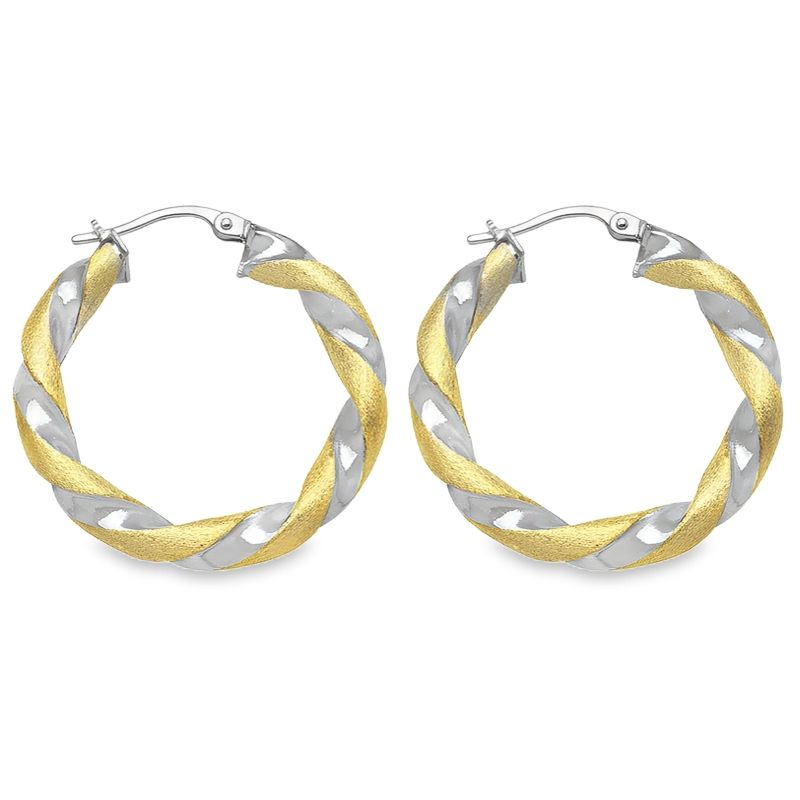 14K Yellow and White Gold Satin Finished Twisted Hoop Earrings