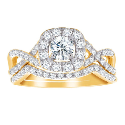 14k Yellow Gold 1.00TDW Diamond Halo Wedding Set with Infinity Style Setting
