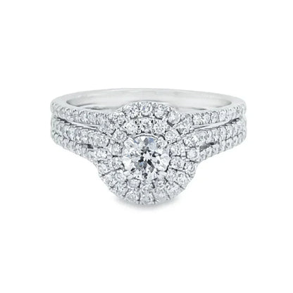 14K White Gold 1.00TDW Diamond Double Round Halo Wedding Set