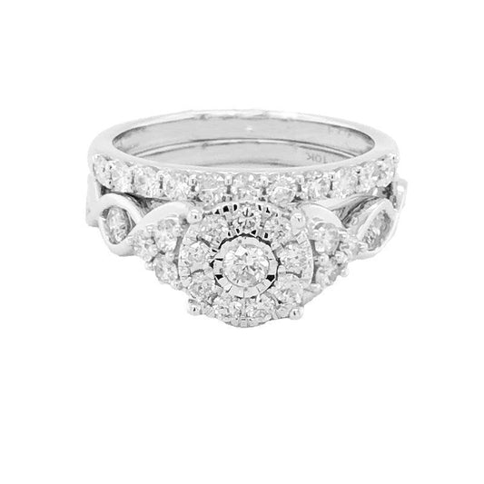 10K White Gold 1.00TDW Diamond Halo Wedding Set