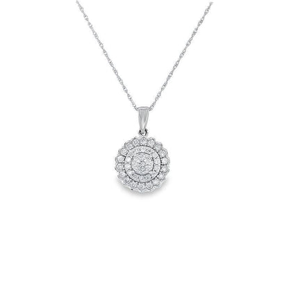 14k White Gold 1.00TDW Diamond Round Floral Style Earring and Pendant Set With Chain