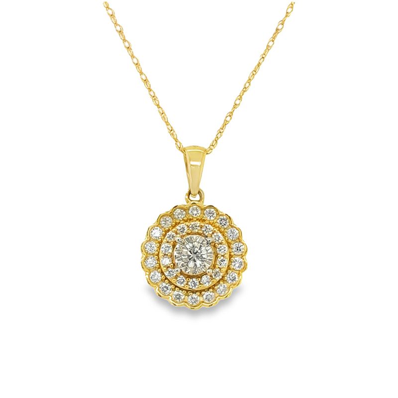 14k Yellow Gold 1.00TDW Diamond Round Floral Style Earring and Pendant Set With Chain