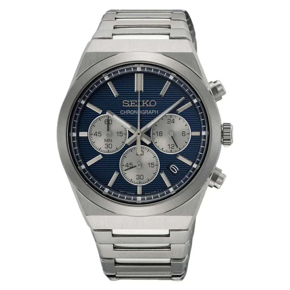 Seiko men's quartz blue dial watch sales