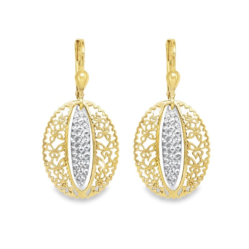 14K Two-Tone Gold Oval Filigree Drop Earrings