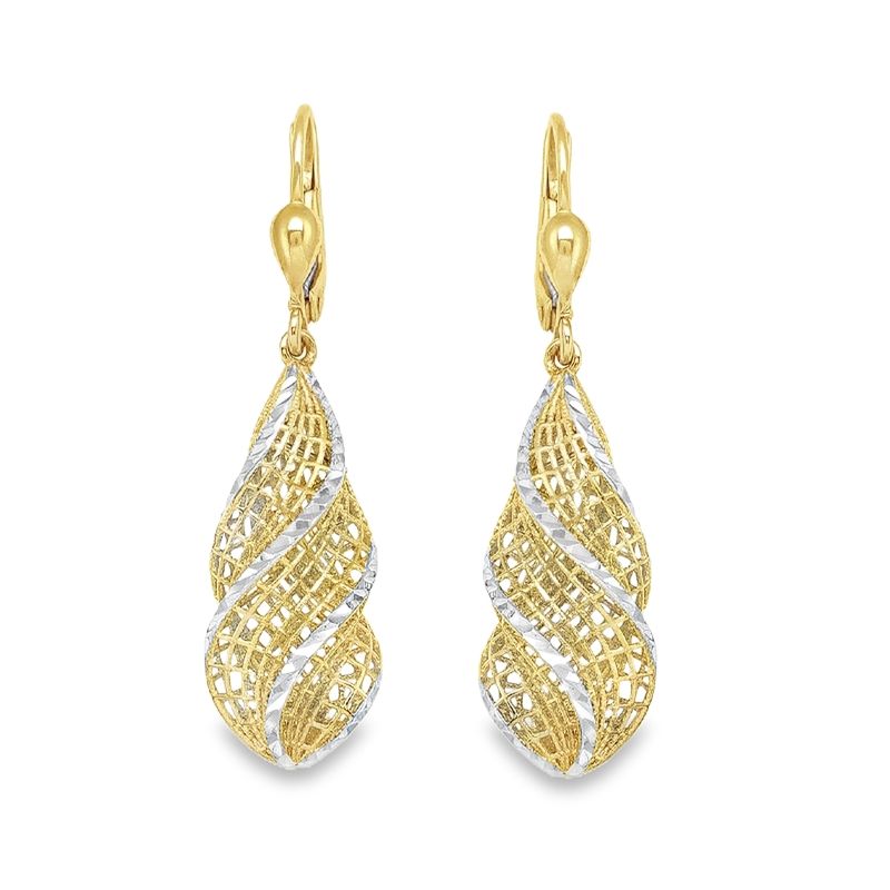 14K Two-Tone Gold Spiral Filigree Teardrop Earrings