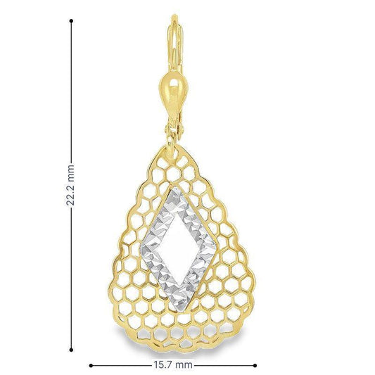 14K Two-Tone Gold Teardrop Earrings with Diamond-Cut Filigree Accent