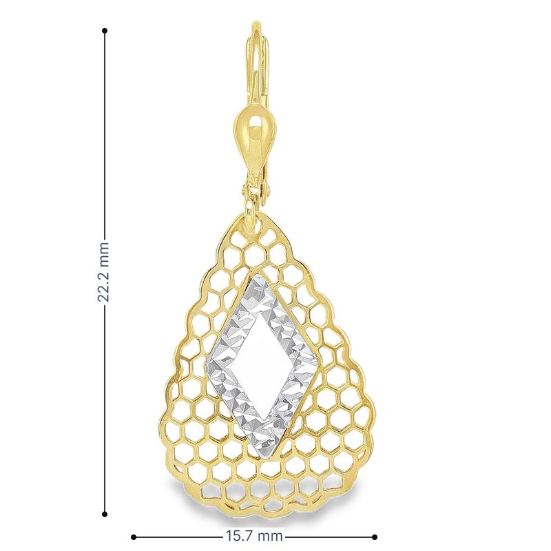 14K Two-Tone Gold Teardrop Earrings with Diamond-Cut Filigree Accent