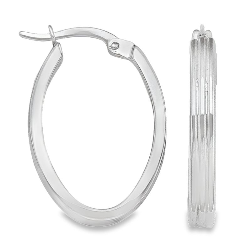 14K White Gold Patterned Oval Hoop Earrings