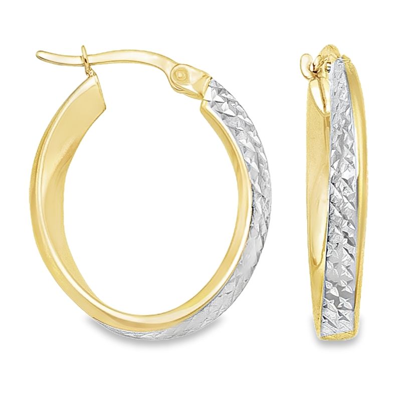 14K Yellow and White Gold Diamond-Cut Oval Hoop Earrings