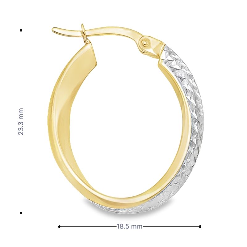 14K Yellow and White Gold Diamond-Cut Oval Hoop Earrings