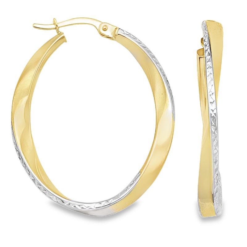 14K Two-Tone Gold Diamond-Cut Oval Hoop Earrings