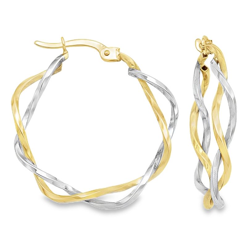 14K Yellow and White Gold Fancy Twist Hoop Earrings