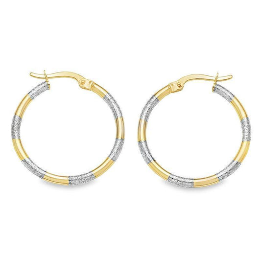 10K Yellow and White Gold Textured Hoop Earrings