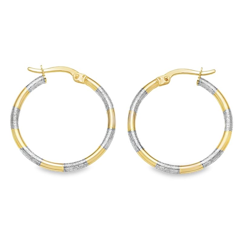 10K Yellow and White Gold Textured Hoop Earrings