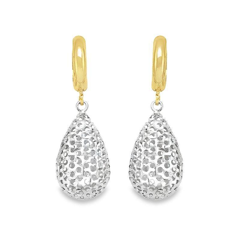 10K Yellow and White Gold Fancy Diamond Cut Tear Drop Earrings
