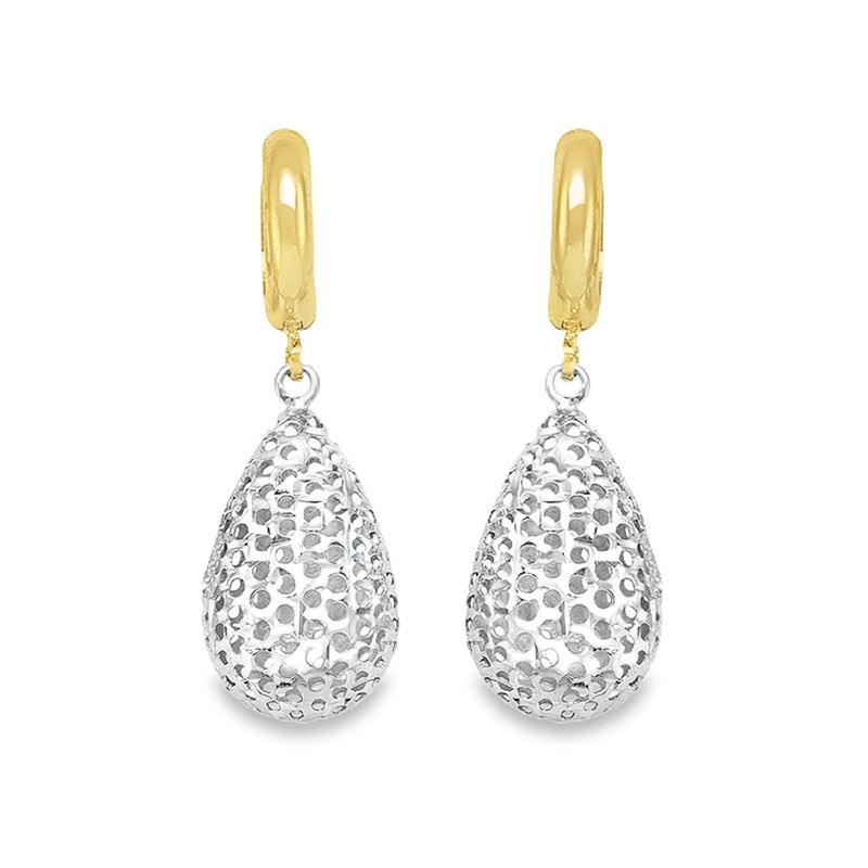 10K Yellow and White Gold Fancy Diamond Cut Tear Drop Earrings