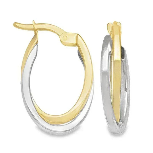 10K Yellow and White Solid Gold Fancy Hoop Earrings