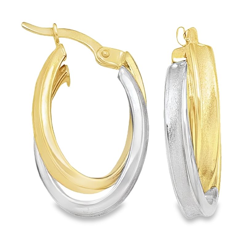 10K Yellow and White Gold Fancy Oval Hoop Earrings