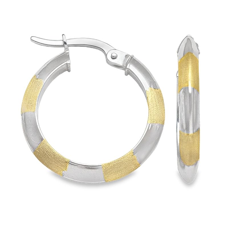 10K Yellow and White Gold Patterned Knife Edge Hoop Earrings