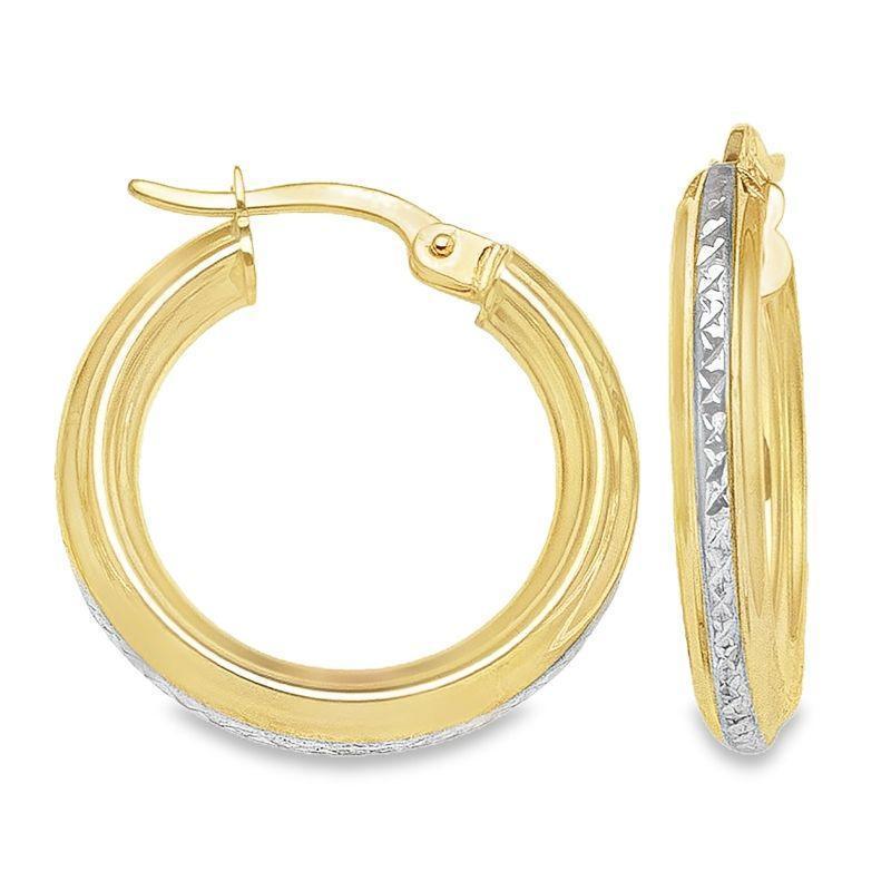 10K Yellow and White Gold Patterned Hoop Earrings