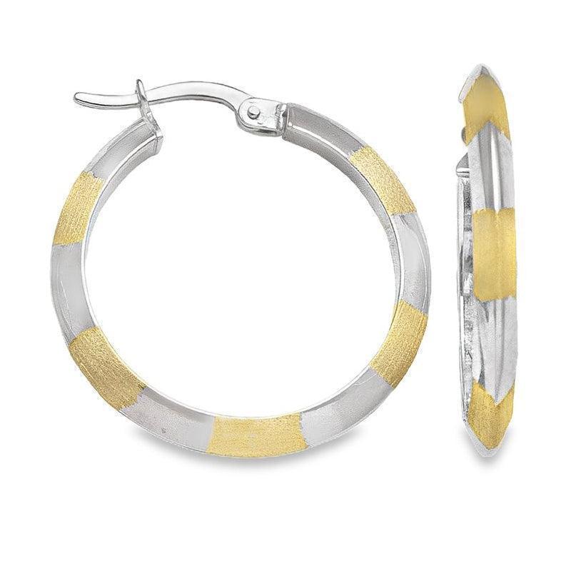 10K Two Tone Patterned Knife Edge Hoop Earrings