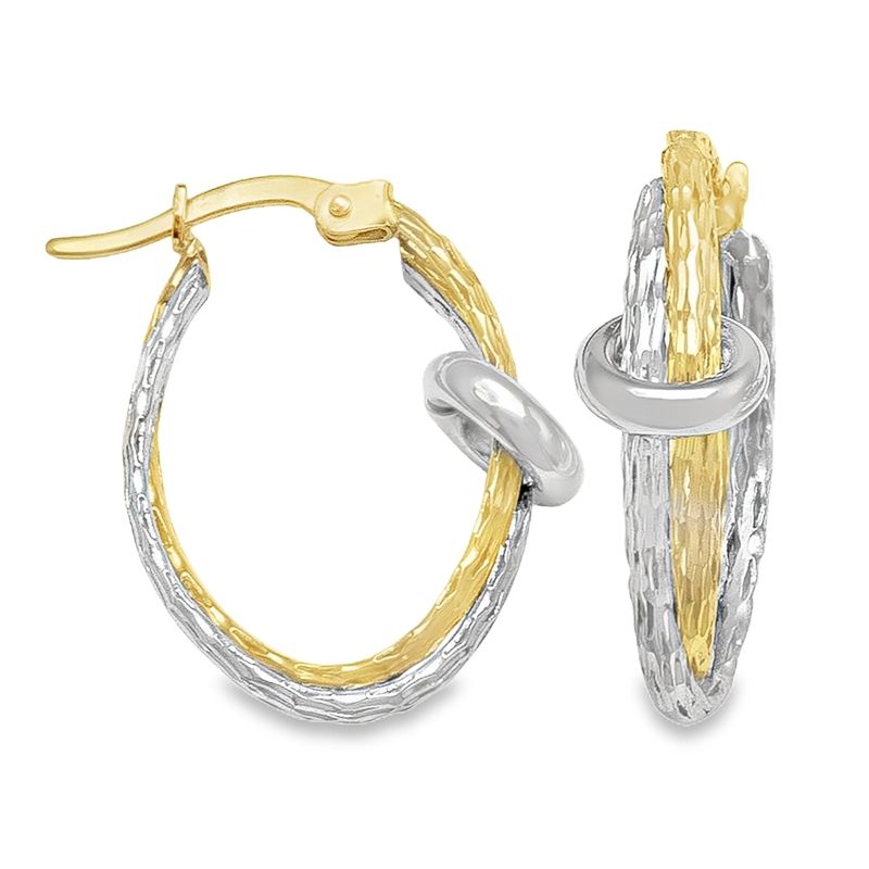 10K Yellow and White Solid Gold Fancy Hoop Earrings