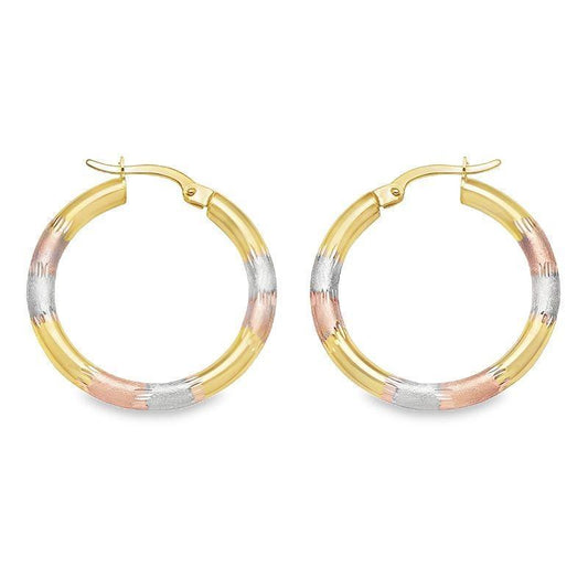 10K Tri-Color Gold Brushed Hoop Earrings