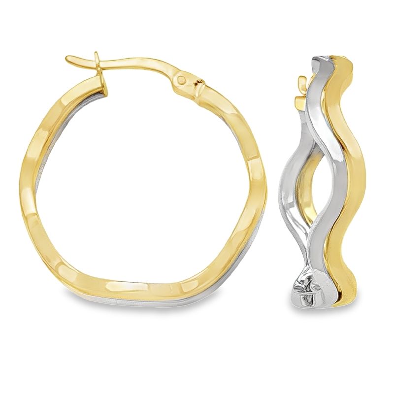 10K Two-Tone Gold Wave Design Hoop Earrings