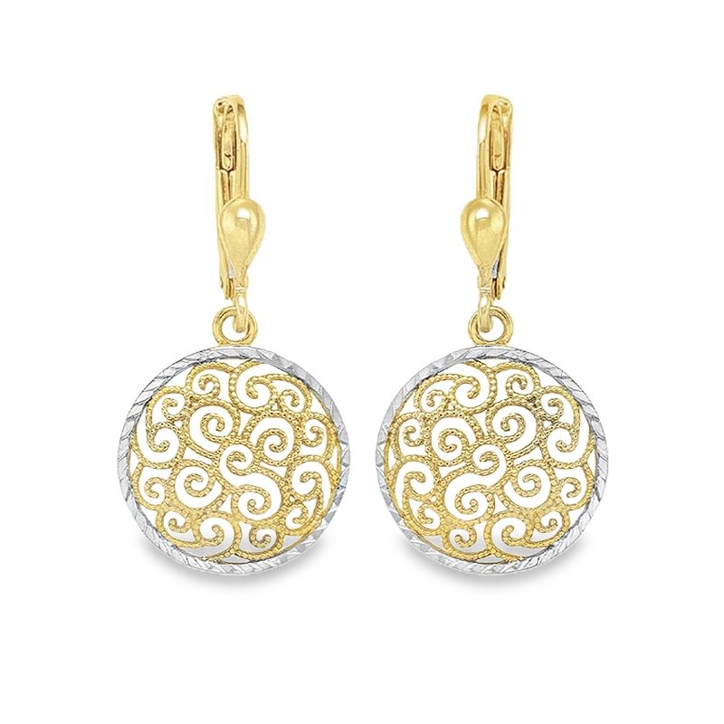 10K Two-Tone Gold Swirl Filigree Round Drop Earrings