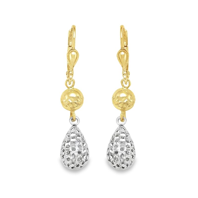 10K Yellow and White Gold Fancy Diamond Cut Drop Earrings 