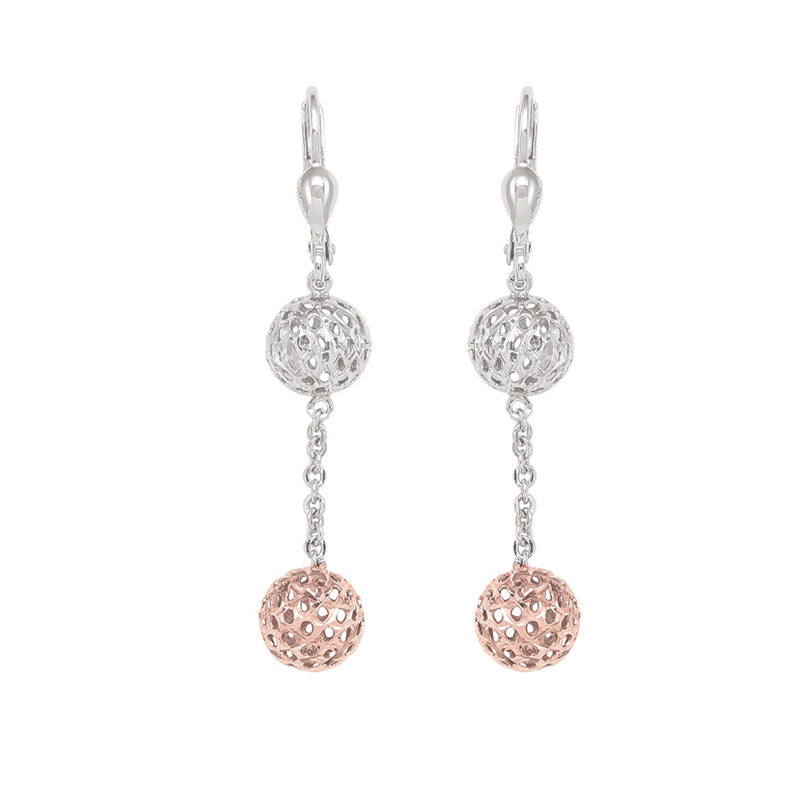 10K Pink and White Gold Diamond-Cut Ball Drop Earrings