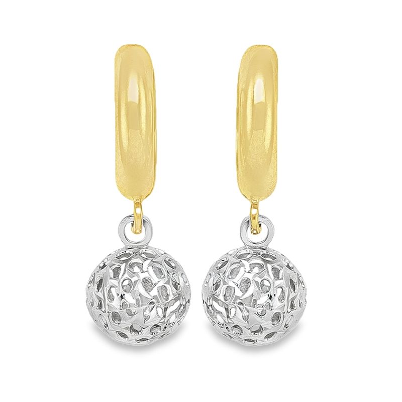 10K Yellow and White Gold Fancy Diamond Cut Drop Ball Earrings