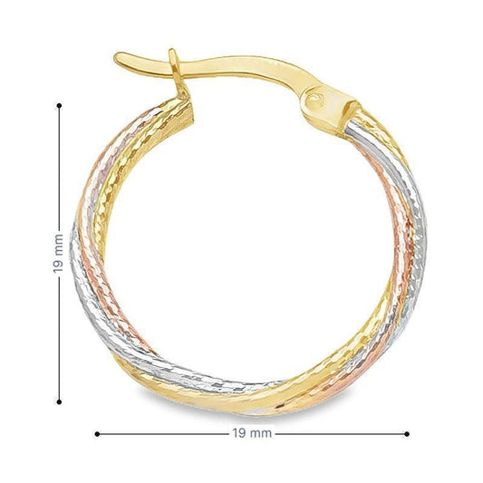 10K Yellow, White and Rose Gold Twisted Hoop Earrings