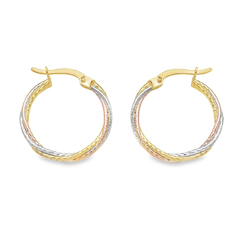 10K Yellow, White and Rose Gold Twisted Hoop Earrings