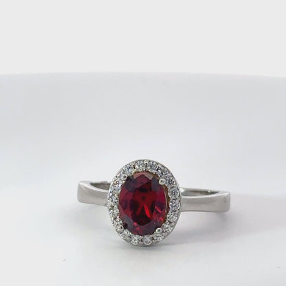 January Birthstone Garnet Color CZ Halo Ring in Sterling Silver