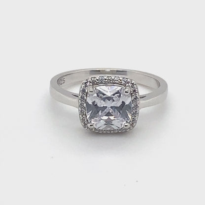 April Birthstone Cushion Halo CZ Ring in Sterling Silver