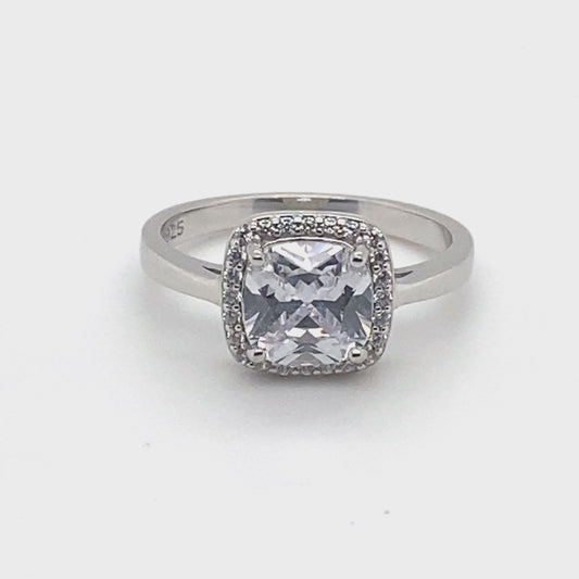 April Birthstone Cushion Halo CZ Ring in Sterling Silver