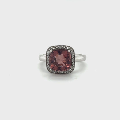 Cushion Cut Rhodolite Garnet and Diamond Halo Ring in Sterling Silver