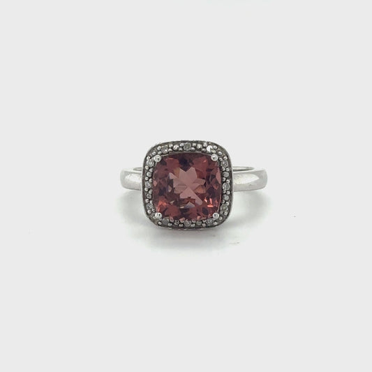 Cushion Cut Rhodolite Garnet and Diamond Halo Ring in Sterling Silver