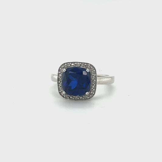 Cushion Cut Sapphire and Diamond Halo Ring in Sterling Silver