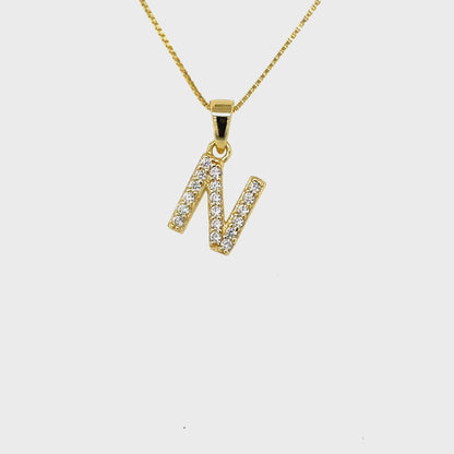 Yellow Gold Plated Sterling Silver CZ Letter N Pendant