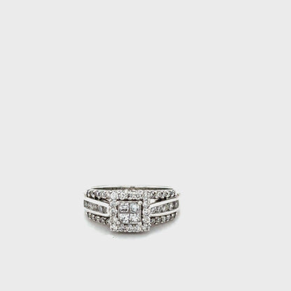 14K White Gold 1.00TDW Diamond Quad Princess Cut Halo Engagement Ring