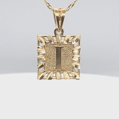 10K Solid Yellow Gold Initial Letter I Square Pendant