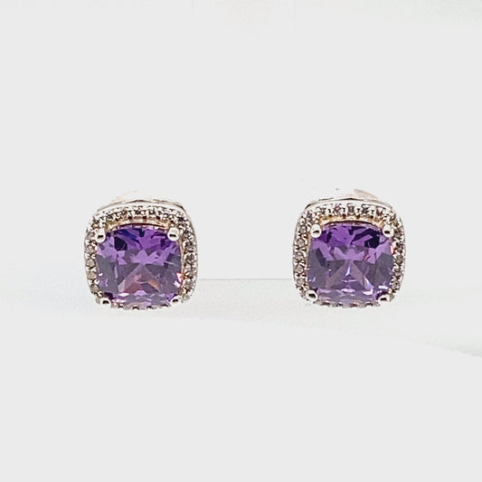 February Birthstone Earrings Amethyst Color CZ in Sterling Silver