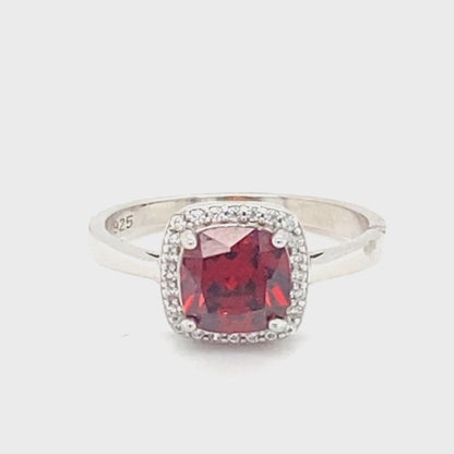January Birthstone Garnet Color CZ Halo Ring in Sterling Silver