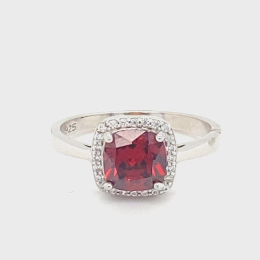 January Birthstone Garnet Color CZ Halo Ring in Sterling Silver
