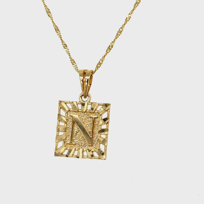 10K Solid Yellow Gold Initial Letter N Square Pendant