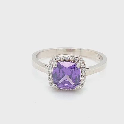 February Birthstone Cushion Cut Purple CZ Ring in Sterling Silver