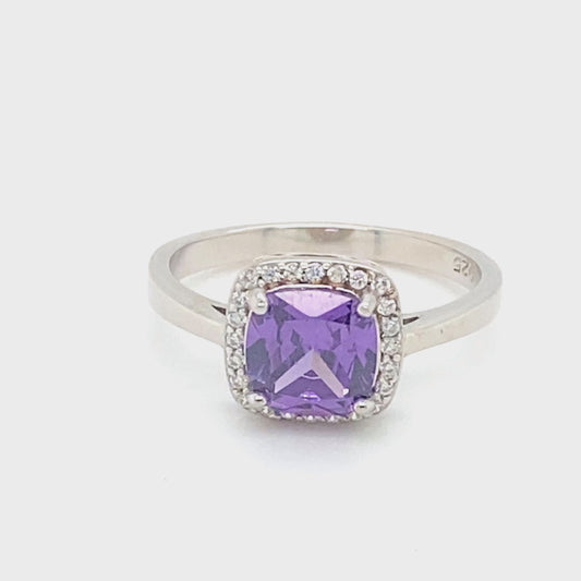 February Birthstone Cushion Cut Purple CZ Ring in Sterling Silver